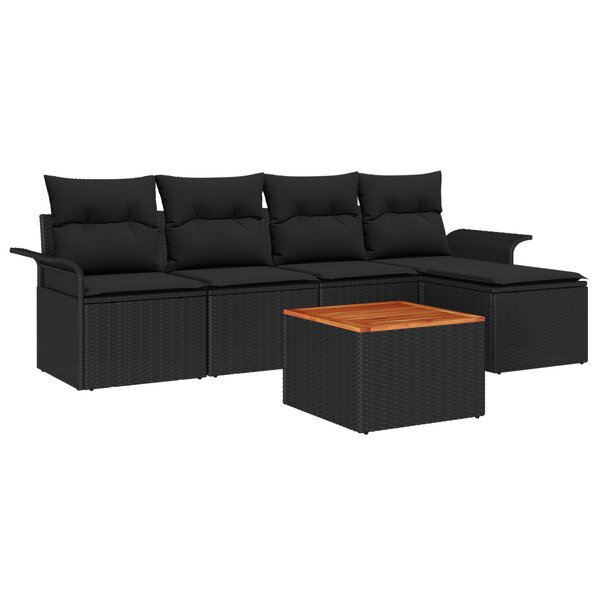 Ensemble de Canapé Jardin de 6 Pièces avec Coussins Noir Poly Rattan Acacia