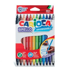Lot de 12 marqueurs Carioca Birello - Pointe double fine et moyenne - Encre super lavable non toxique - Lavable sur la peau et les tissus à l'eau et sans savon - Différentes couleurs