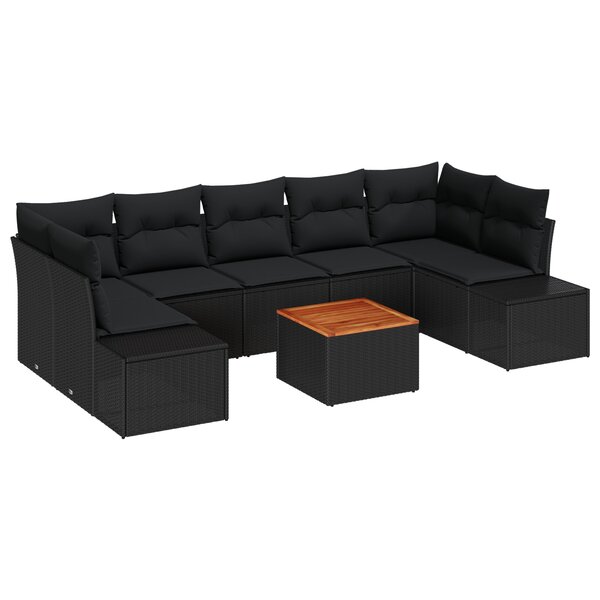 vidaXL Set de Canapé de Jardin 8 Pièces avec Coussins Noir Poly Rattan Acacia