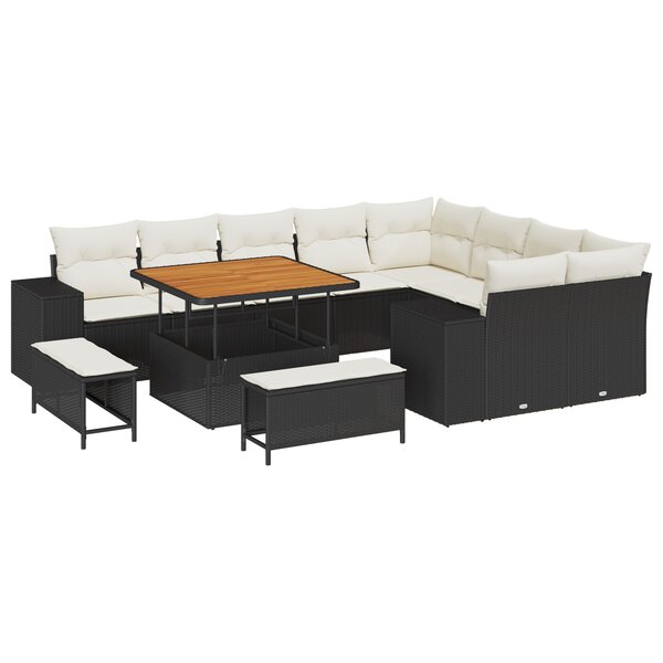Canapé de jardin de 12 pièces avec coussins en Rattan Poly Noir Acacia