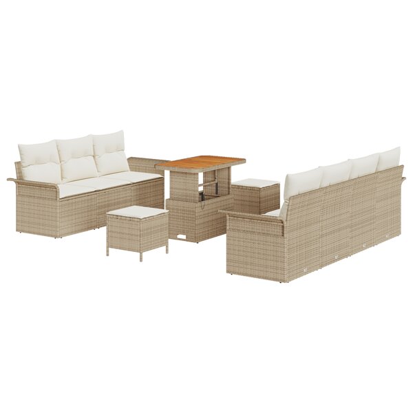 Ensemble de Canapés de Jardin 10 Pièces avec Coussins Beige Poly Rattan Acacia