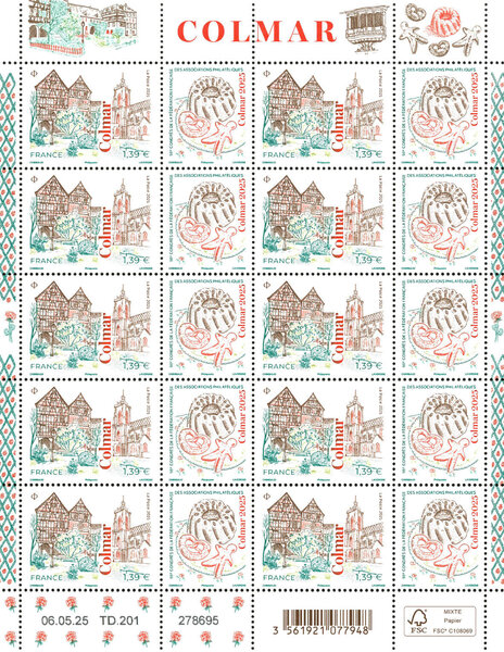 Feuille de 10 timbres - 98ème Congrès de la Fédération des Associations Philatéliques - Colmar - Lettre verte