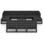 Salon de jardin meuble d'extérieur ensemble de mobilier 11 pièces avec coussins noir bois de pin massif 02_0015389