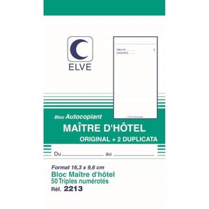 Bloc Autcopiant MAITRE D'HOTEL 165 x 96 mm 50 Feuillets Tripli ELVE