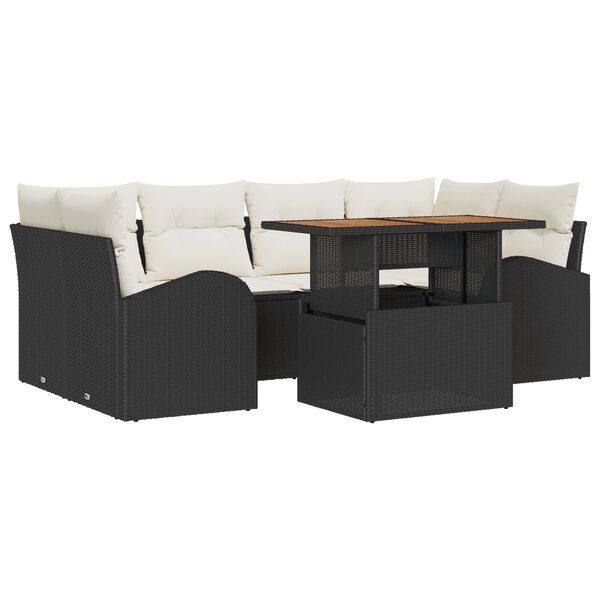 vidaXL Ensemble de salle à manger de jardin 7 pièces avec coussins noirs en poly rotin