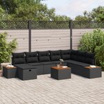 vidaXL Canapé de Jardin 9 Pièces avec Coussins Rattan Noir Poly