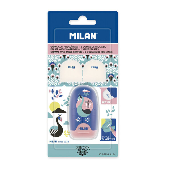Blister gomme avec taille-crayons CAPSULE Peacock + 2 recharges gommes