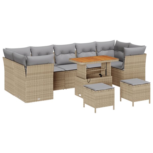 Set de canapé de jardin 10 pièces avec coussins beige poly rotin acacia