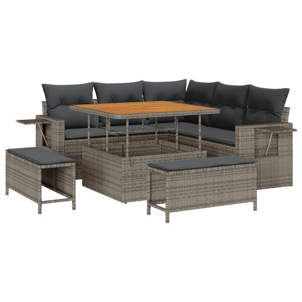Ensemble de canapé de jardin 8 pièces avec coussins gris poly rattan