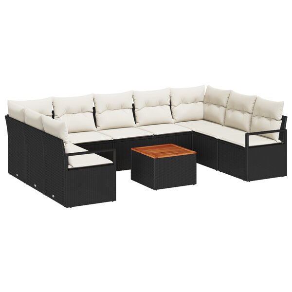 Canapé de jardin 10 pièces vidaXL noir poly rotin acacia avec coussins