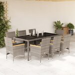 vidaXL Ensemble à manger de jardin et coussins 9 Pièces gris rotin verre