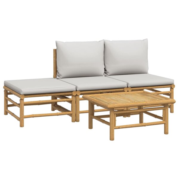 Salon de jardin meuble d'extérieur ensemble de mobilier 4 pièces avec coussins gris clair bambou 02_0016133