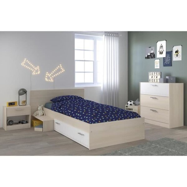 Lit enfant réversible + chevet + commode 3 tiroirs - 121 x 193 x Hauteur 67 cm.