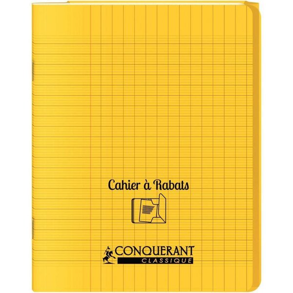 Cahier 96 pages seyès 90 g avec couverture polypropylène jaune 3 rabats  format 17 x 22 cm CONQUERANT