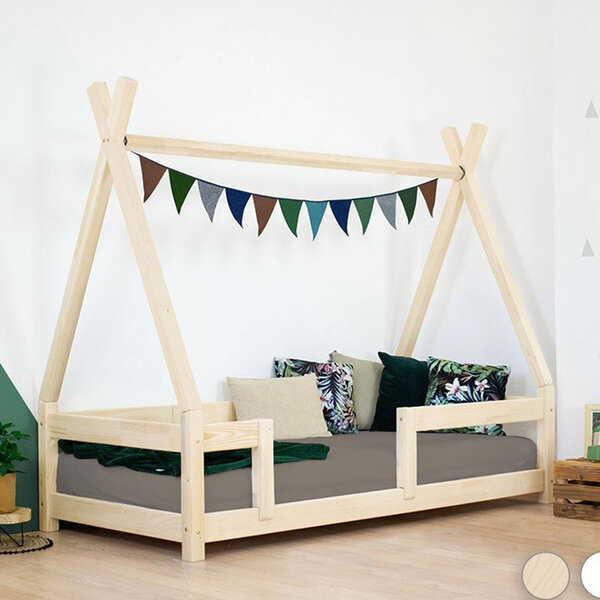Lit Tipi enfant avec barrière bois massif naturel vernis 80 x 180 cm
