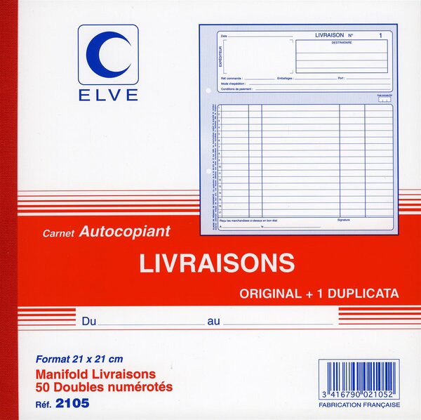 Manifold Livraisons Autocopiant 210 x 210mm Foliotage 50 Duplis ELVE