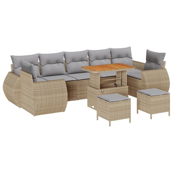 Ensemble de canapé de jardin 10 pièces avec coussins beiges en poly rotin acacia
