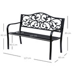 Banc 3 places de jardin terrasse style cosy chic 127L x 60l x 89H cm métal époxy anticorrosion noir
