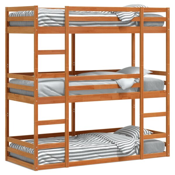 vidaXL Lit superposé triple marron cire 75x190 cm bois de pin massif