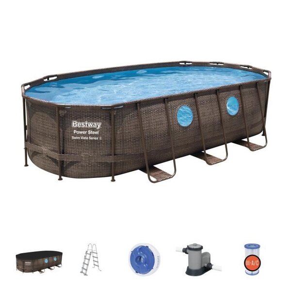 Piscine hors-sol tubulaire bestway power steel oval imitation rotin 549x274x122 cm épurateur a cartouche de 5 678 l/h bâche et échelle