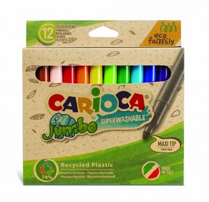 Carioca Jumbo Eco Family Pack de 12 Marqueurs - Pointe Maxi 6 mm - Encre Super Lavable - Capuchon Ventilé - Couleurs Diverses