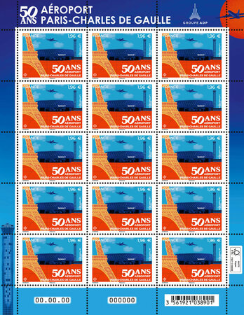 Feuille de 15 timbres - 50 ans de l'aéroport Paris-Charles de Gaulle - Lettre internationale