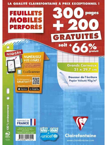 Feuillets Mobiles 21x29,7cm 500p 90g Séyès sous Etui cartonné CLAIREFONTAINE