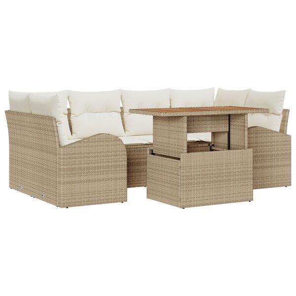 vidaXL Ensemble de Salle à Manger de Jardin 7 Pièces avec Coussins Beige en Rattan Poly