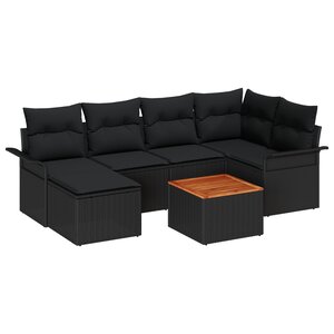 vidaXL Ensemble de canapé de jardin 7 pièces avec coussins noirs en poly rattan et acacia