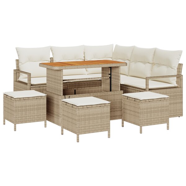 Ensemble de canapé de jardin 9 pièces avec coussins Beige Poly Ratta Acacia