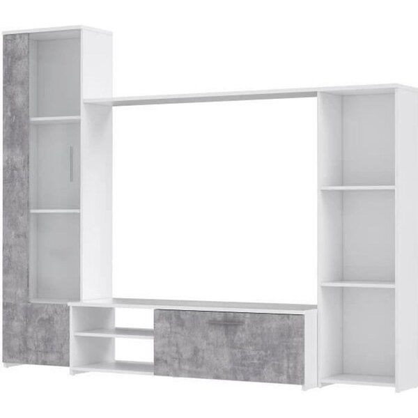 Meuble TV paroi murale - Blanc mat et béton clair - porte vitrée + 5 niches - 220 4 x 41 3 x 177 5 cm - PILVI