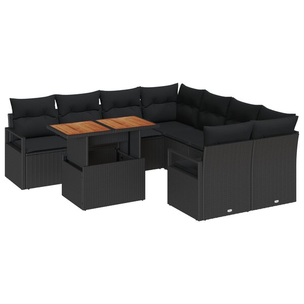 Ensemble de Canapés de Jardin vidaXL 9 Pièces avec Coussins Noir Poly Rattan Acacia