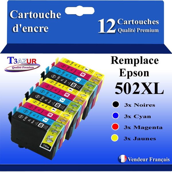 T3AZUR - 12x Cartouches compatibles avec Epson Expression Home XP-5100  XP-5105  XP-5115  XP-5150  XP-5155  502XL