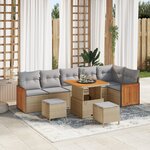 Ensemble de canapés jardin 9 pièces avec coussins Beige Poly Rotin Acacia