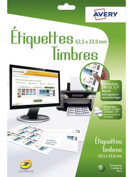 72 étiquettes adhésives pour timbres Avery J8159-3 - 63,5x33,9mm - Jet d'encre