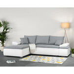 Canapé d'angle réversible convertible 3 places + Coffre - Simili blanc et tissu gris - 274 x 184 cm