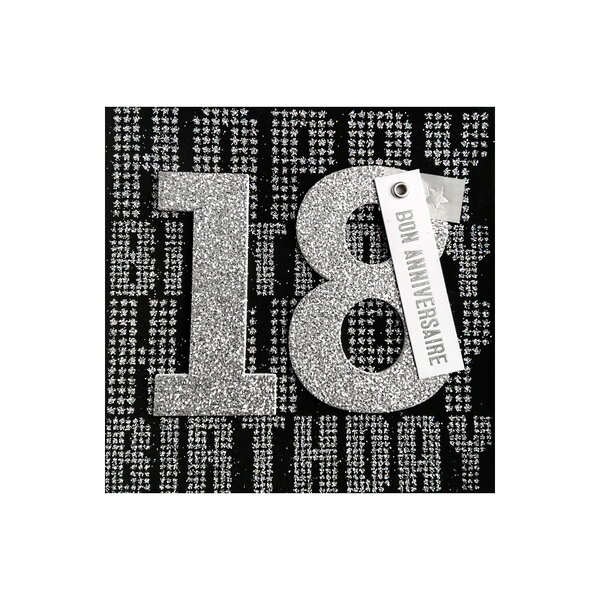 Carte de voeux glamour - anniversaire - 18 ans noir argenté