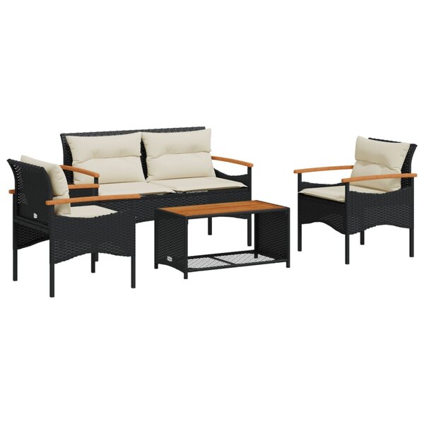 vidaXL Salon de jardin 4 Pièces avec coussins noir résine tressée
