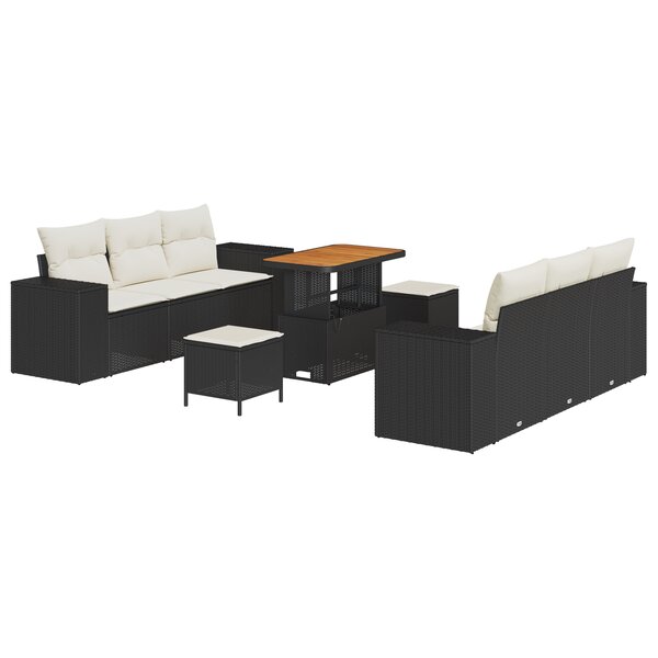 Ensemble de canapé de jardin 9 pièces avec coussins Noir Poly Rattan Acacia