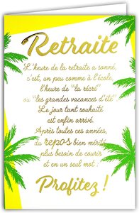 Carte départ retraite texte en or doré brillant avec enveloppe couleur vacances