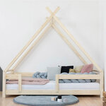 Lit Tipi enfant avec barrière bois massif gris 120 x 180 cm