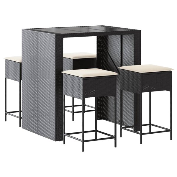 vidaXL Ensemble de bar de jardin 5 Pièces avec coussins noir poly rotin