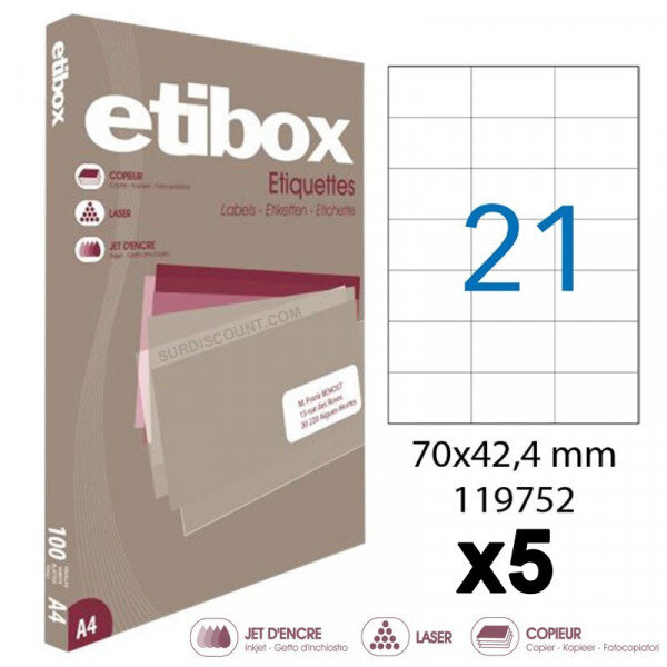 Lot de 5 boites de 2100 étiquettes - format 70x42.4mm - etibox - apli 119752