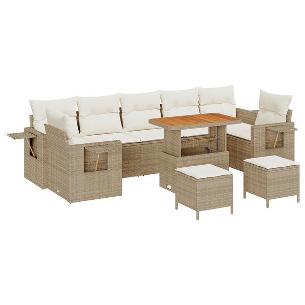 Set de Canapé de Jardin de 10 Pièces avec Coussins Beige Rotin Poly Acacia
