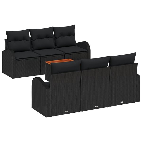 Ensemble de canapé de jardin 7 pièces avec coussins en rattan poly noir acacia