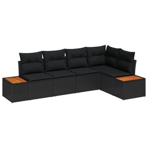 vidaXL Ensemble de canapés de jardin 5 pièces avec coussins noir poly rattan acacia