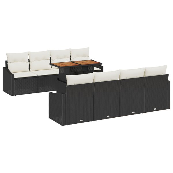 vidaXL Ensemble de repas de jardin 9 pièces avec coussins en poly rotin noir et acacia
