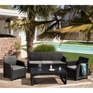 ALLIBERT by KETER - Salon de jardin SanRemo Lyon 5 places - table basse 2 positions - imitation rotin tressé - gris graphite