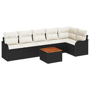 vidaXL Ensemble de Canapé de Jardin 7 Pièces avec Coussins Noir Poly Rattan Acacia