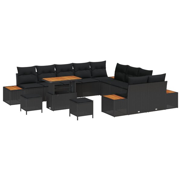 Ensemble 13 pièces canapé de jardin avec coussins Noir Poly Rattan Acacia
